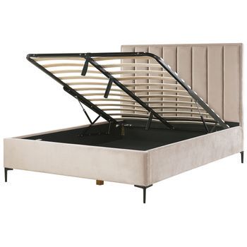 Cama Con Almacenaje Cabecero Acolchado Patas Negras Metal Terciopelo Gris Pardo 160 X 200 Cm Sezanne