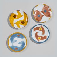 set de 4 platos de postre de ceramica con motivos multicolores