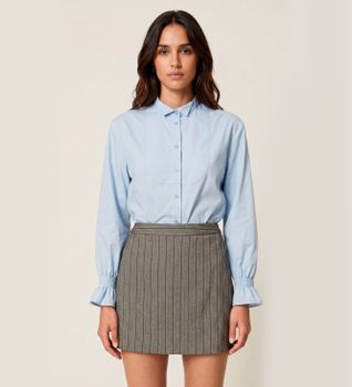 Twinset para mujer. 262TF2100 Camisa de popelina con volante azul (42), Casual, Algodón, Manga larga