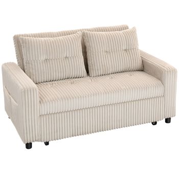 HOMCOM Sofá cama 2 plazas, tapizado de pana, convertible en cama, 2 cojines, bolsillos laterales, 157 x 190 cm, blanco crema