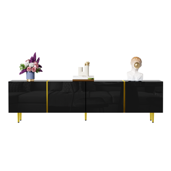 Mueble De Tv Negro Alto Brillo 170 Cm, Mueble Para Televisor 4 Puertas, Diseño Moderno Con Cierre Suave, Mdf, Mueble De Salón Negro Y Dorado