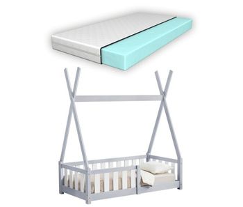 Cama infantil helsingborg con reja de seguridad y colchón - diseño tipi - pino 140x70 cm - gris claro [en.casa]