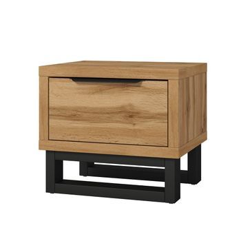 Mesa De Noche Estilo Industrial Con Un Gran Cajón Colección Milos. Color Roble Natural.