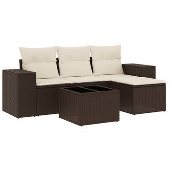 Set Comedor De Jardín 5 Uds | Juego De Muebles De Jardín Y Cojines Ratán Sintético Marrón