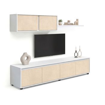 Salón Con Mueble De Tv Y Estantería 200 Cm Arlet Blanco Artik (blanco Mate) - Microcemento Beige 200 X 43 X 41 Cm