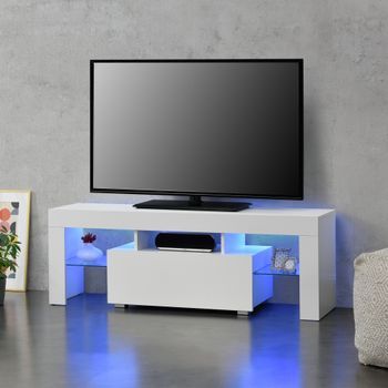 Mesa De Tele Con Led - 130 X 35 X 45 Cm - Cómoda - Mueble De Salón Para Tv - Con Estantes De Vidrio Y Con Cajón - Almacenamiento - Blanco [en.casa]®
