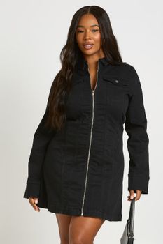 Vestido Recto Plus Vaquero Con Cremallera, Negro