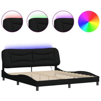 Cama Matrimonial | Cama Para Adultos | Estructura De Cama Con Luces Led Tela Negro 180x200 Cm