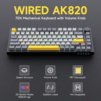 Teclado Mecánico con Cable Ajazz AK820 con Control de Perilla CNC, 81 Teclas, Montaje Gasket, Intercambiable en Caliente, Retroiluminado, para PC/MAC