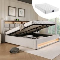 cama tapizada doble con usb y led somier de listones y marco de metal revestimiento en lino 160x200 cm con colchon