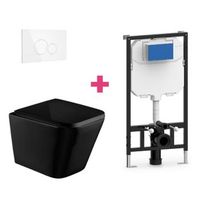 pack inodoro suspendido ceramica pisa negro mate con cisterna y pulsador blanco redondo