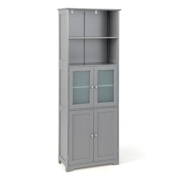 Mueble De Baño De 163 Cm De Altura, Mueble De Almacenamiento Independiente Con Puertas De Cristal Y Estantes Ajustables, Color Gris