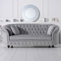 chloe chesterfield grey plush fabric three-seater sofa