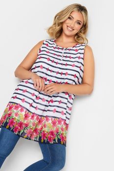 Yours Blusa Blanca Y Azul De Flores Y Rayas Sin Mangas, Mujer Curvy Y Tallas Grandes, Yours