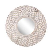 espejo de pared madera marron claro redondo 60 cm marco hecho a mano blanco patron geometrico boho rustico pomaro