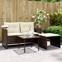 set sofas de jardin 3 uds  conjunto mueble jardin mesa y sillas y cojines ratan sintetico marron cfw1304945