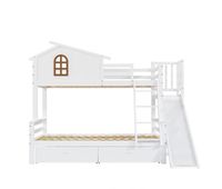 cama litera  cama individual 90x200  120x200 - ventanas decorativas escalera inclinada de 4 niveles cama para ninos y adultos con tobogan 2 cajones estructura de madera maciza - blanco