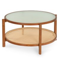 costway mesa de centro redonda de 2 niveles con vidrio templado esmerilado y ratan pe patas de madera maciza de acacia para salon marron
