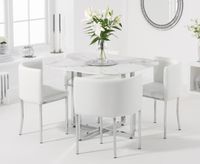 algarve white marble stowaway dining table with white high back stools - ivory 4 chairs