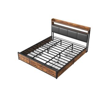 Cama 140x200cm, cama de metal, 4 cajones, led, cama juvenil, soporte de almacenaje, estructura de cama doble, cama con canapé