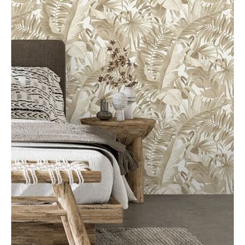 Papel Pintado Vinílico Ecológico Tropical De Hojas De Palmera Y Platanero Beige - Palm Beach 679748 De Gaulan - Rollo De 10 M X 0,53 M