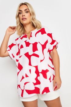 Yours Blusa Blanca Y Roja Estampada Escote De Muesca, Mujer Curvy Y Tallas Grandes, Yours