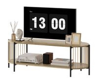 mueble de tv estilo bohemio hasta 55 pulgadas con diseno en cuerda de papel y 2 estantes abiertos 124x435x41 cm natural
