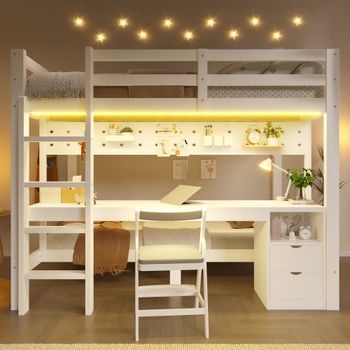 Cama Alta Con Escritorio Y Cajones, Madera De Pino, Blanco, 140x200 Cm