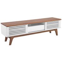 mueble de tv moderno puertas correderas 1 cajon frente de listones blanco y marron oscuro detroit