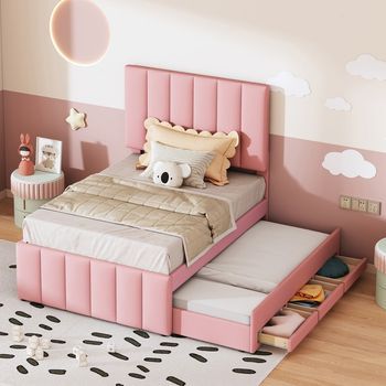 Cama Tapizada Individual Con Cama Nido Y Cajones De Almacenamiento 90 X 200 Cm Rosa Para Niño Adolescente Invitado