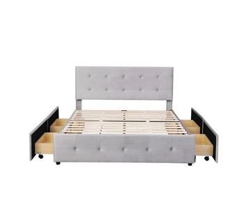 Cama doble tapizada en terciopelo - 140x200cm - con 4 cajones y somier - gris