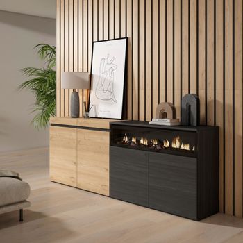 Aparador efecto madera roble y negro 200x35x75cm chimenea efecto fuego