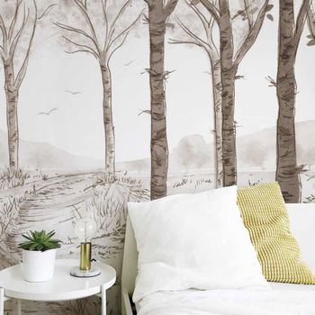 Papel pintado panoramico de bosque de abedules, marrón 375 x