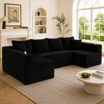 Sofá En U De Terciopelo Acanalado Con Portavasos Y Bolsillos Laterales, Muelles, 4 Cojines De Respaldo + 2 Decorativos, Ergonómico Para Salón