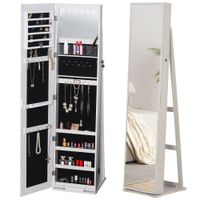 homcom espejo joyero de pie armario de joyeria con 6 luces led y cerradura organizador con estantes ranuras anillos 38x38x157 cm blanco   aosom espana