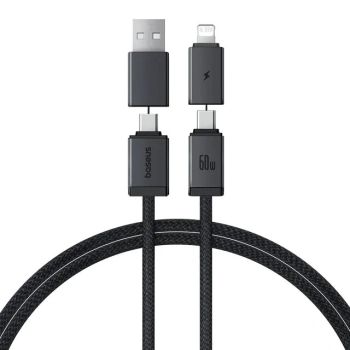 Cable Baseus Versátil USB-A+USB-C a USB-C+iP de 60W para carga rápida y transmisión de datos,línea de núcleo de cobre,1M