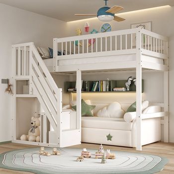 Cama Individual De Madera Maciza Blanca Para Niños Y Adolescentes Con Escalera Y Almacenamiento, 90x200 Cm, Versión Alta