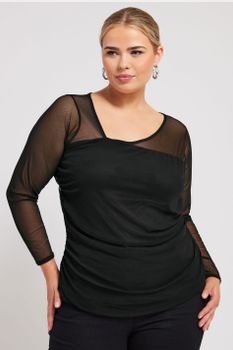 Yours London Top Malla Negro Con Cuello Asimétrico, Mujer Curvy Y Tallas Grandes, Yours London