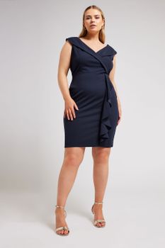 Yours London Vestido Mini Azul Marino Cruzado Con Volante, Mujer Curvy Y Tallas Grandes, Yours London