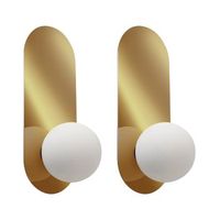 conjunto de 2 lamparas de pared ovaladas con pantallas esfericas de vidrio opalino dorado leisi