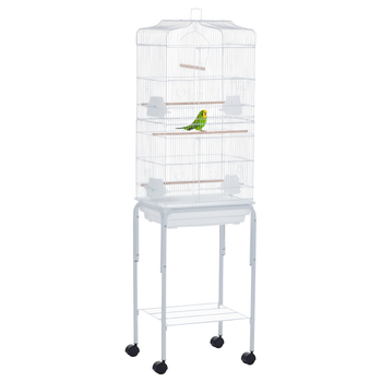 PawHut Jaula para Pájaros con Soporte Jaula Metálica con Ruedas Bandeja Extraíble y Estante 46,5x36x157 cm
