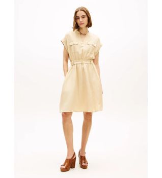 Tommy Hilfiger para mujer. WW0WW49659 Vestido camisero corto con cinturón beige (L), Casual, Lino