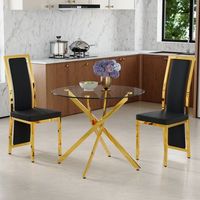 set de mesa y 2 sillas - comedor - vidrio metal y pu - negro y dorado 88x88x75cm