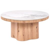mesa de centro tablero de ceramica efecto marmol base de pedestal estilo moderno de mediados de siglo marron claro maltby