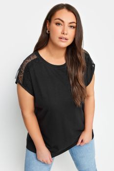 Yours Camiseta Algodón Negra Con Encaje En Hombros, Mujer Curvy Y Tallas Grandes, Yours