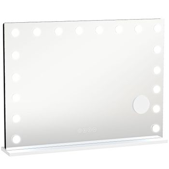 HOMCOM Espejo de maquillaje estilo Hollywood con 18 lámparas LED regulables, 3 colores, luz RGB, altavoz Bluetooth, aumento 10x Blanco