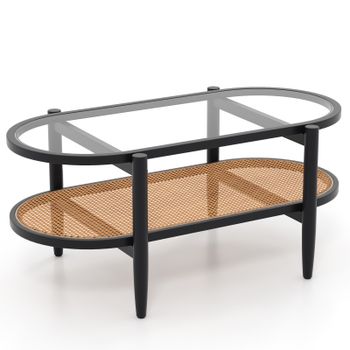 Costway Mesa Centro 2 Niveles Ovalada con Tablero Vidrio Templado Estante Mimbre Marco Madera Curvada para Salón Sala Espera Negro