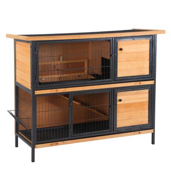 PawHut Jaula para Conejos con Techo Asfáltico Abatible Puertas con Pestillo Bandejas Extraíbles 122x50x101 cm Natural y Negro