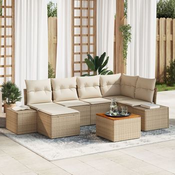 Juego De Sofá De Jardín De 7 Piezas Con Cojines Beige Poliratán Acacia V0953 Unico / Beige