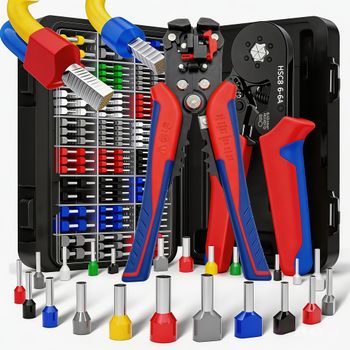 Kit de Herramientas para Crimpar Terminales HSC8 6-6A de 302 Piezas con Pelacables, 300 Terminales VE de 8 Tamaños, Juego de Crimpadora Automática AWG23-10
